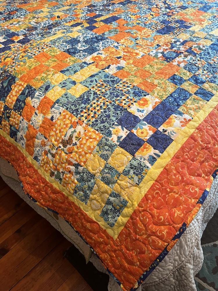 Handmade Quilt Patchwork Cotton Twin Blue & Orange Vibrant Bedspread