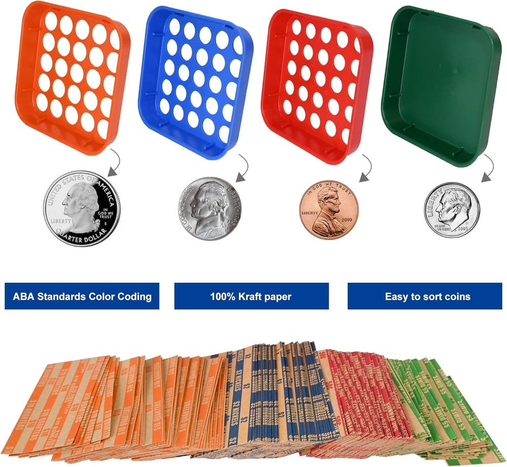Stackable Coin Sorting Tray 4 Color Plastic Organizer &80 Assorted Coin Wrappers