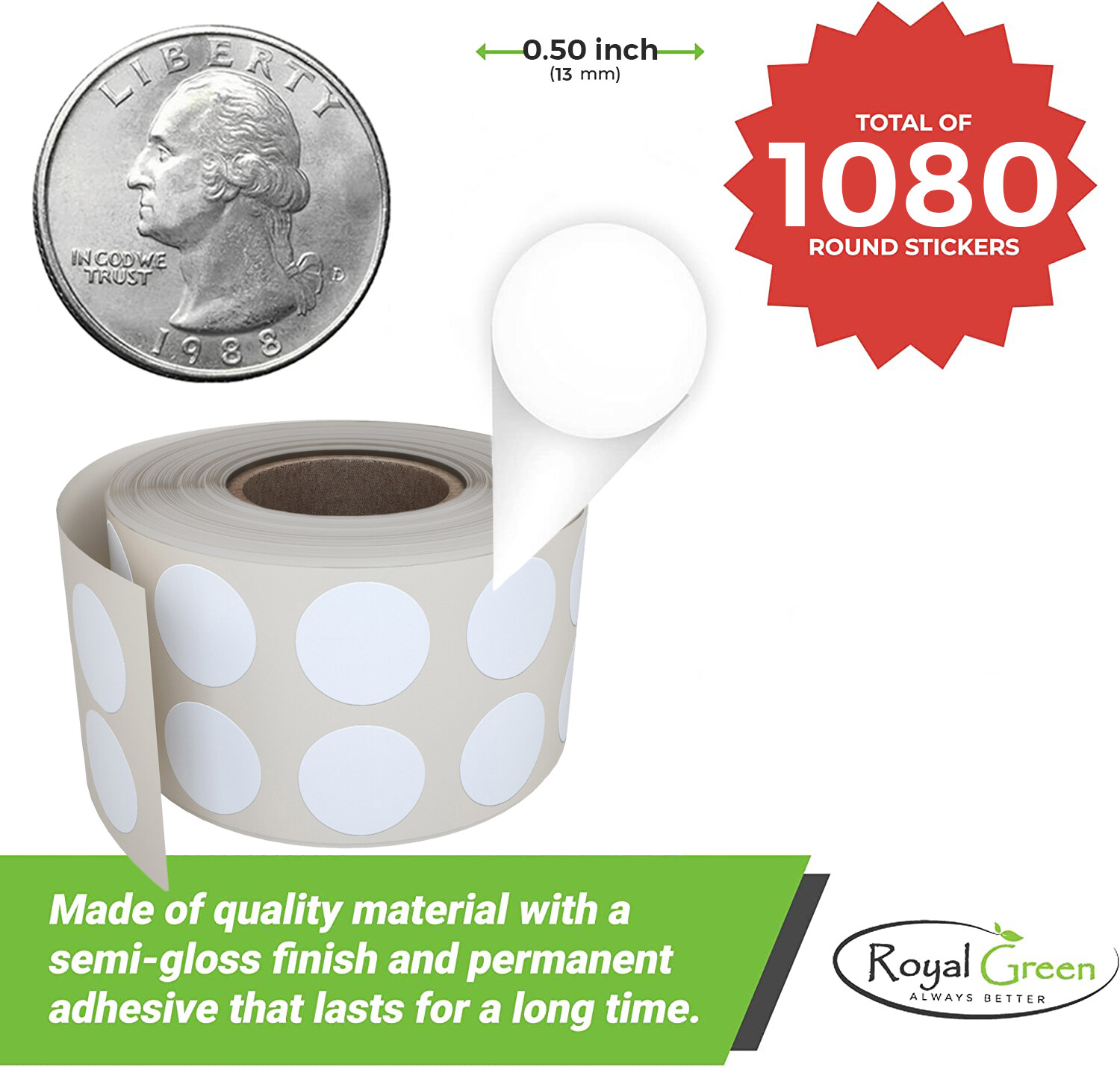 Dot Stickers Rolls Round Labels 1/2 inch Circles 13mm For Organizing 1080 Pack