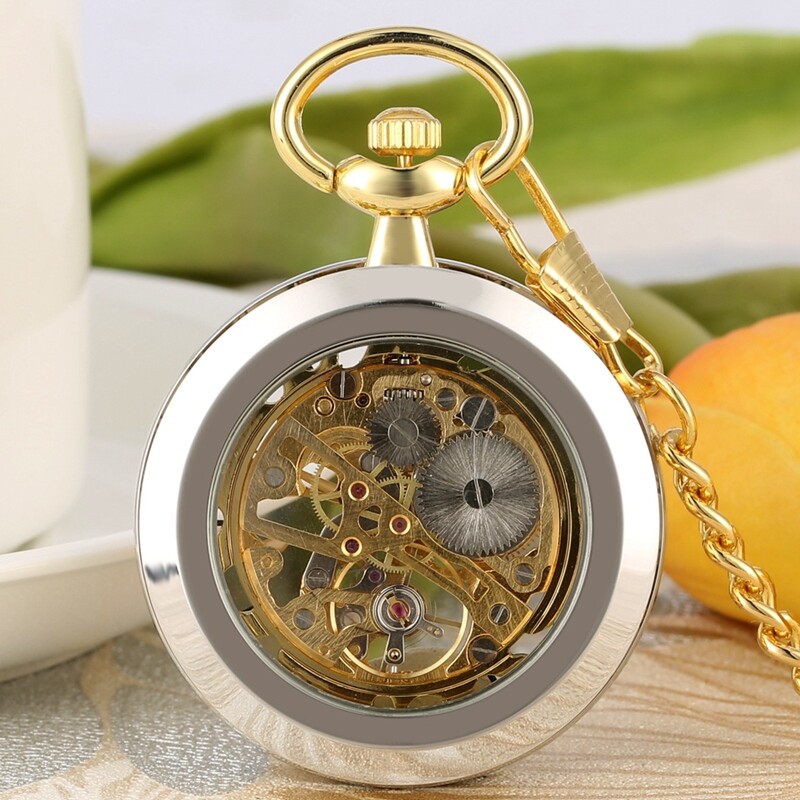 Men's Mechanical Pocket Watch Hand Winding Open Face Golden Pendant Chain Gifts