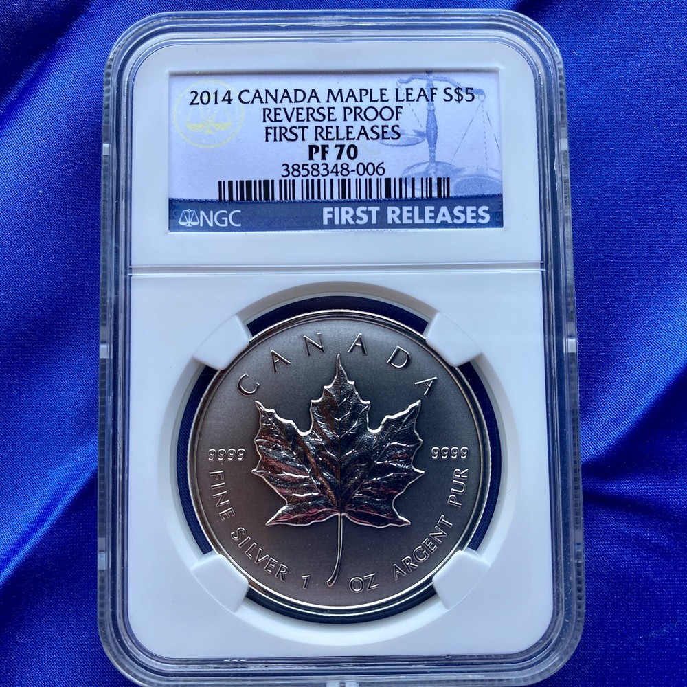 2014 S$5 CANADA MAPLE LEAF, 1oz SILVER,  NGC PF70 REVERSE PROOF, FIRST RELEASES
