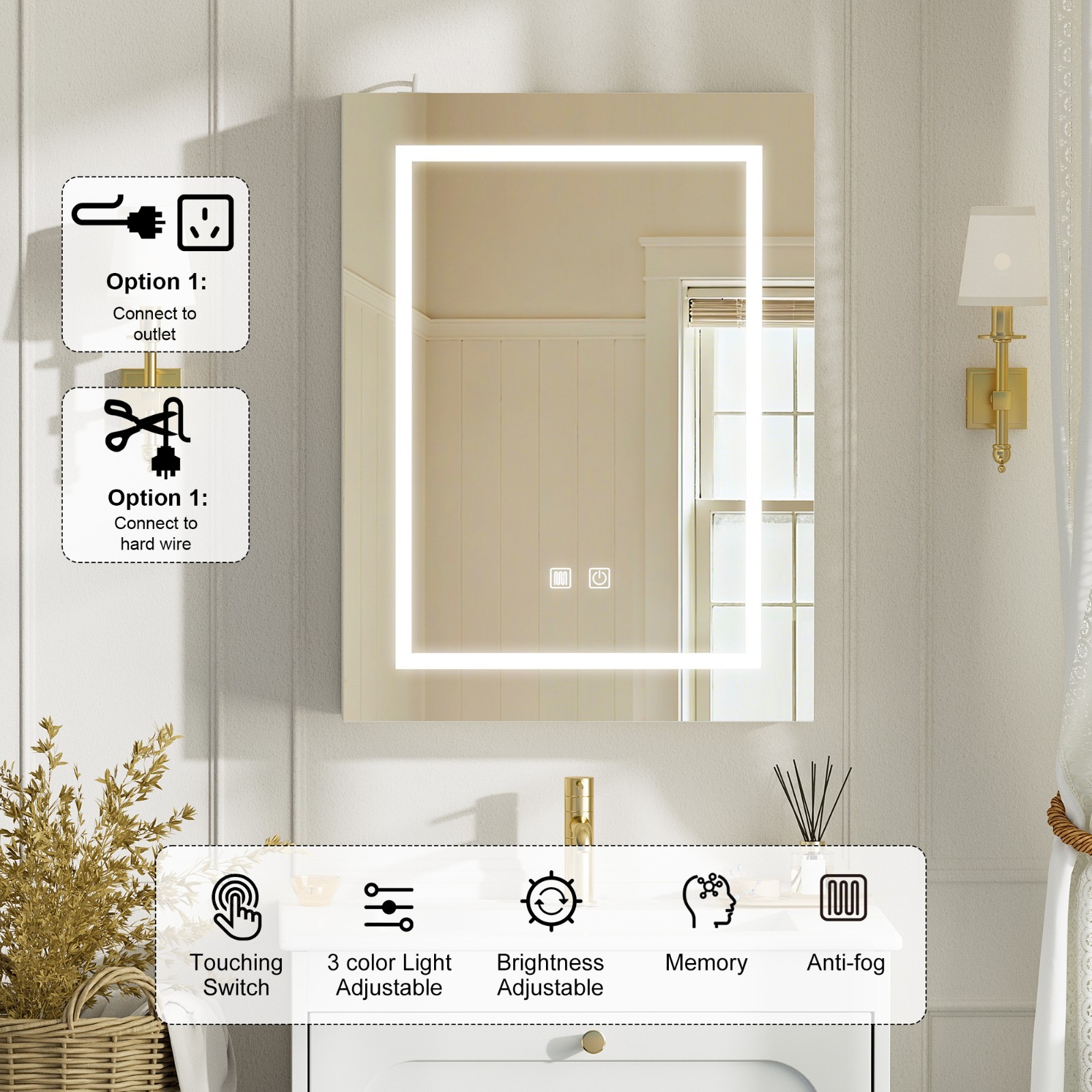 18x24inch Led Medicine Cabinet Bathroom Mirror Cabinet with Lights Anti-Fog New