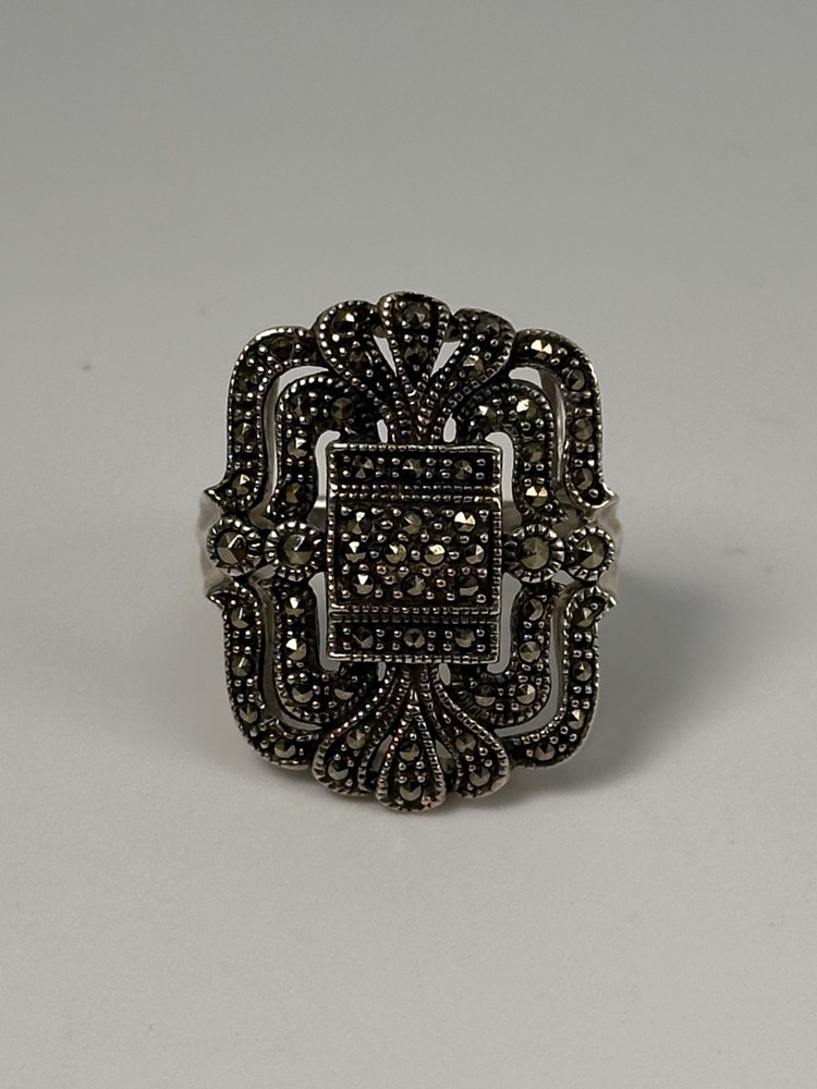 925 Sterling Silver Marcasite Pave Openwork Ring, Sz 7.25
