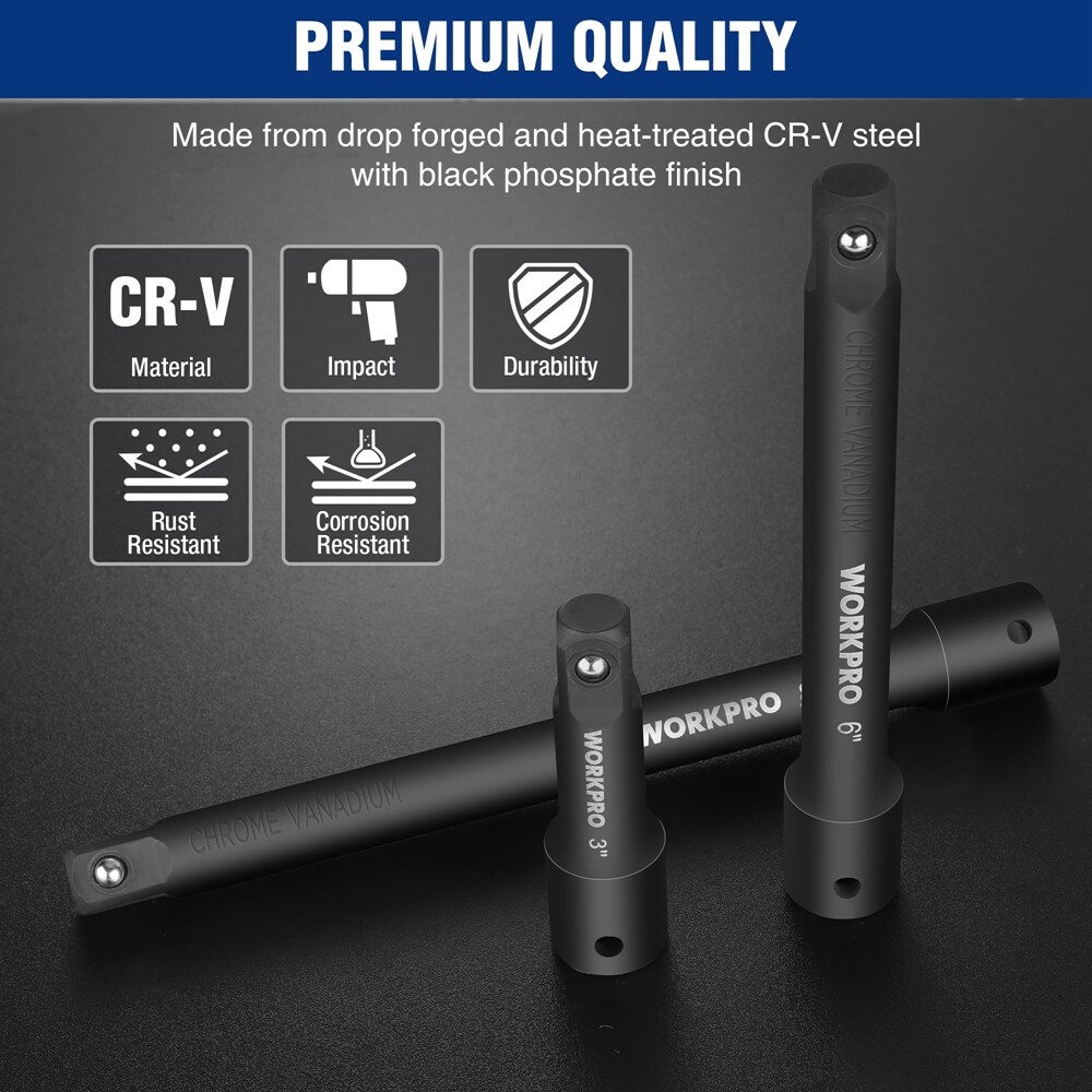 WORKPRO 3 PCS 1/2" Drive Impact Extension Bar Set Socket Extensions 3” 6” and 8“