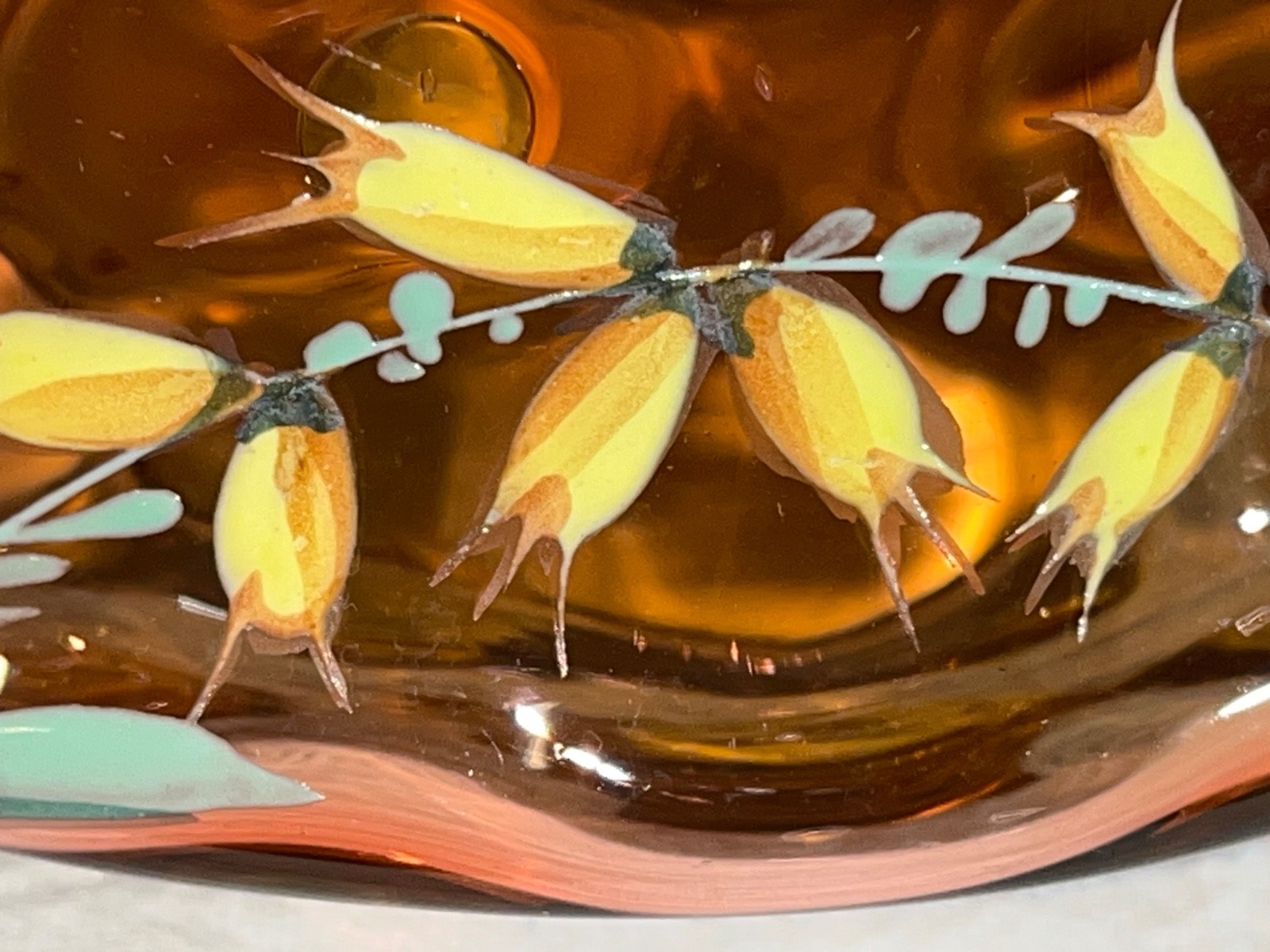 Victorian Enameled Amberina Low Bowl-Floral Sprigs-Victorian-Late 1800’s