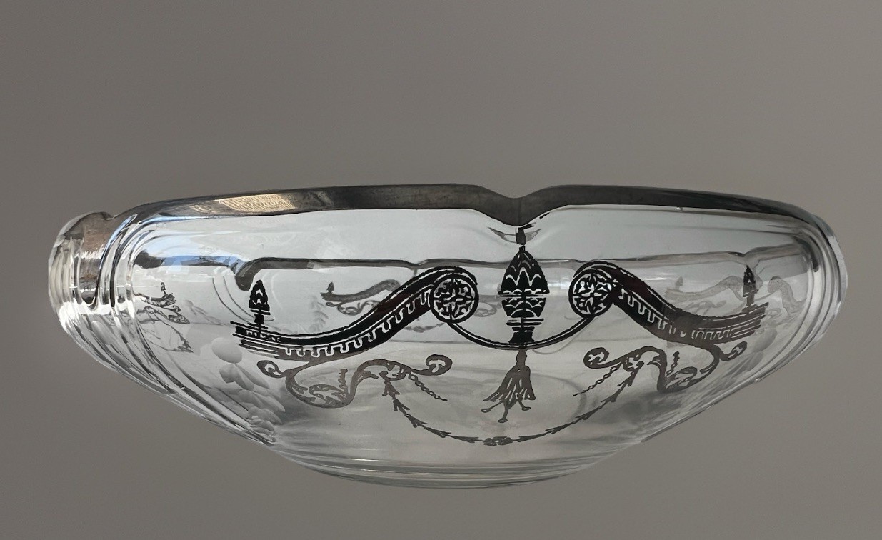 Antique Edwardian Bowl 9” in Diameter  With Sterling Silver Inlay Etched 1900’s