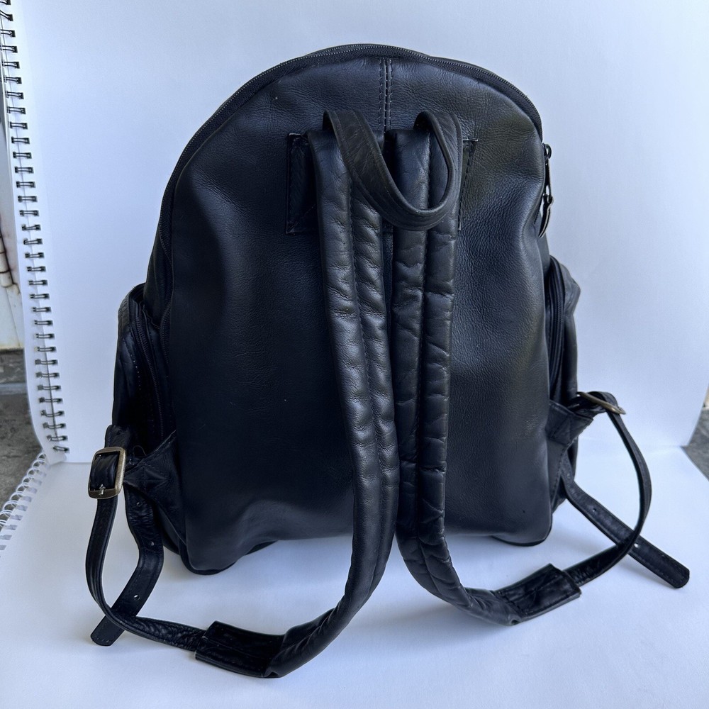 Expandable Black Leather Backpack w/Many Pockets