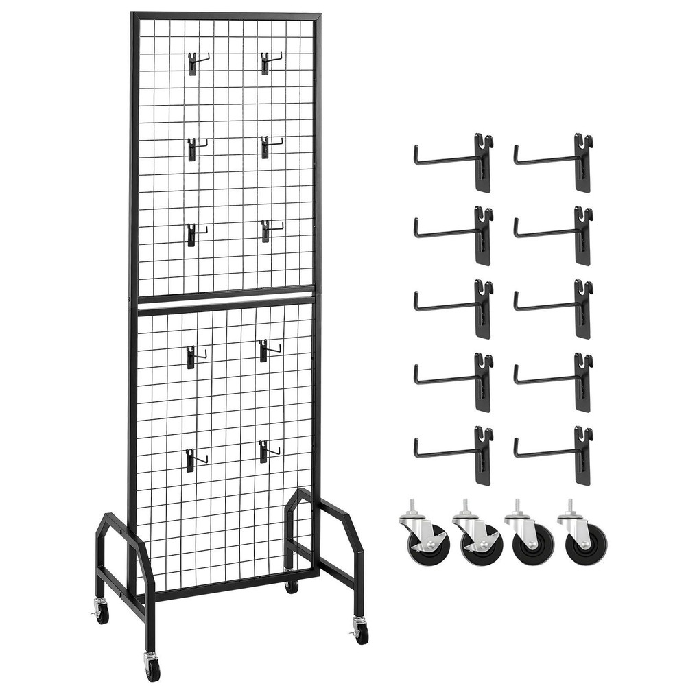 Grid Wall Panel 1.9x5.4ft, Steel Display Rack with 10 Hooks & Locking Casters