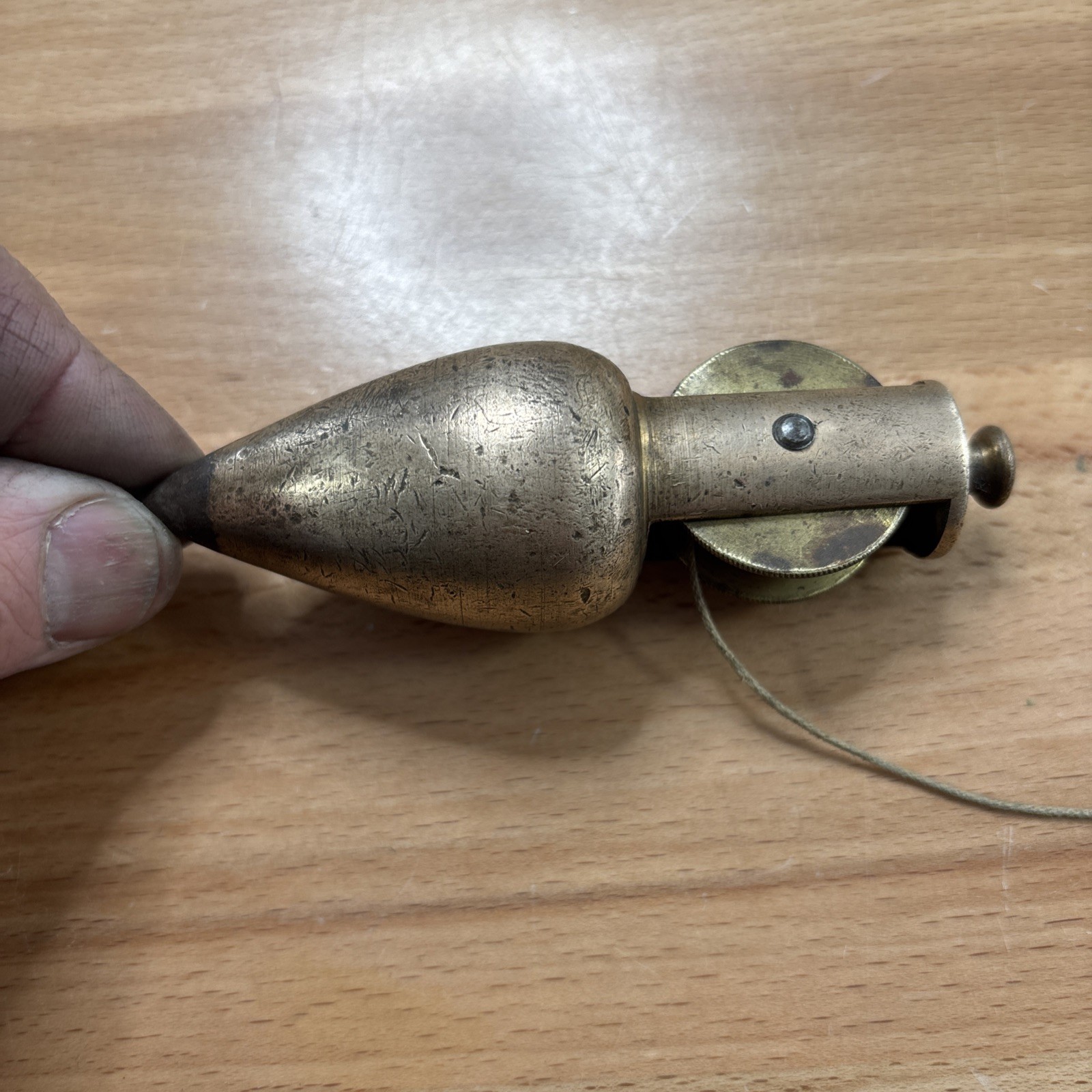 Vintage early Brass Plumb bob W / Integrated Reel Cord (Stanley?)