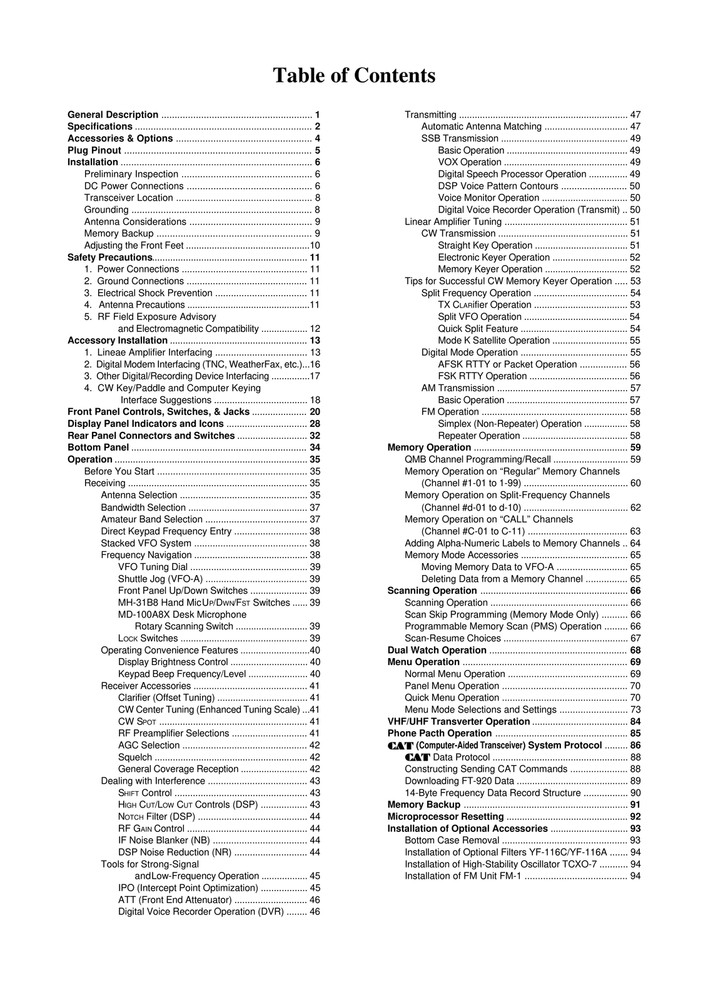 Yaesu FT-920 — OPERATING MANUAL Guide Documentation — 98 Pg — Half Size 5.5x8.5