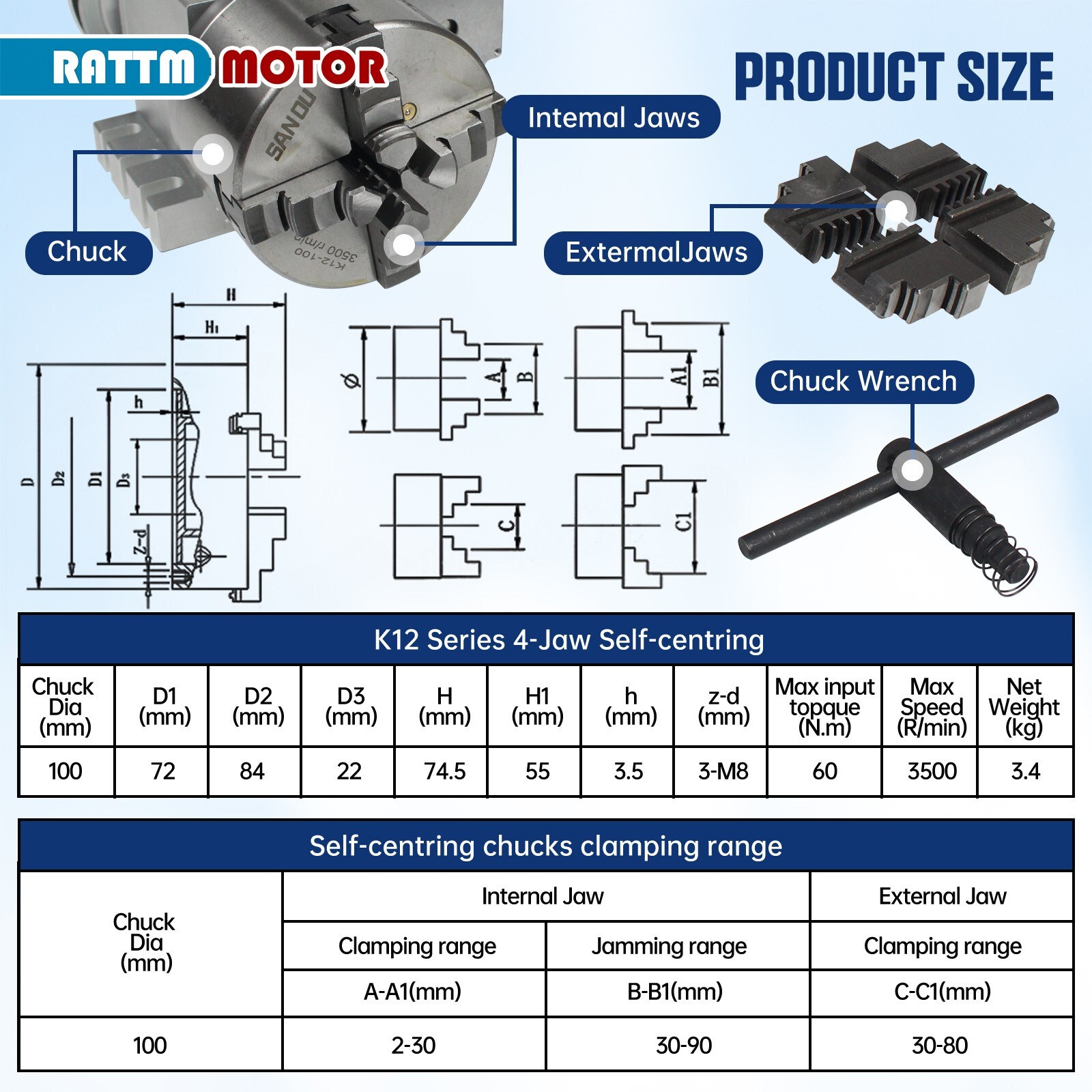 〖US〗CNC Rotation 4th Axis 100mm 4 Jaw Chuck Rotary Table with MT2 65mm Tailstock