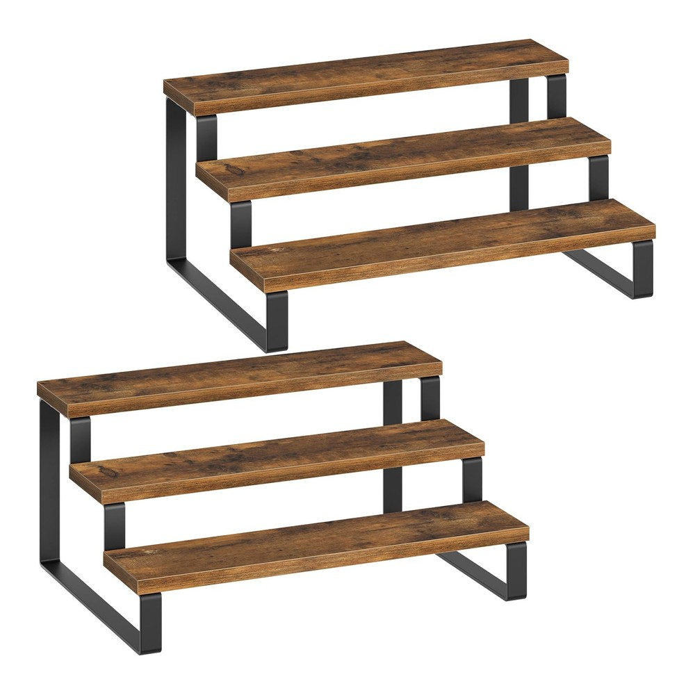 3 Tier Wooden Display Riser Stand Rustic Brown Spice Rack Kitchen Storage