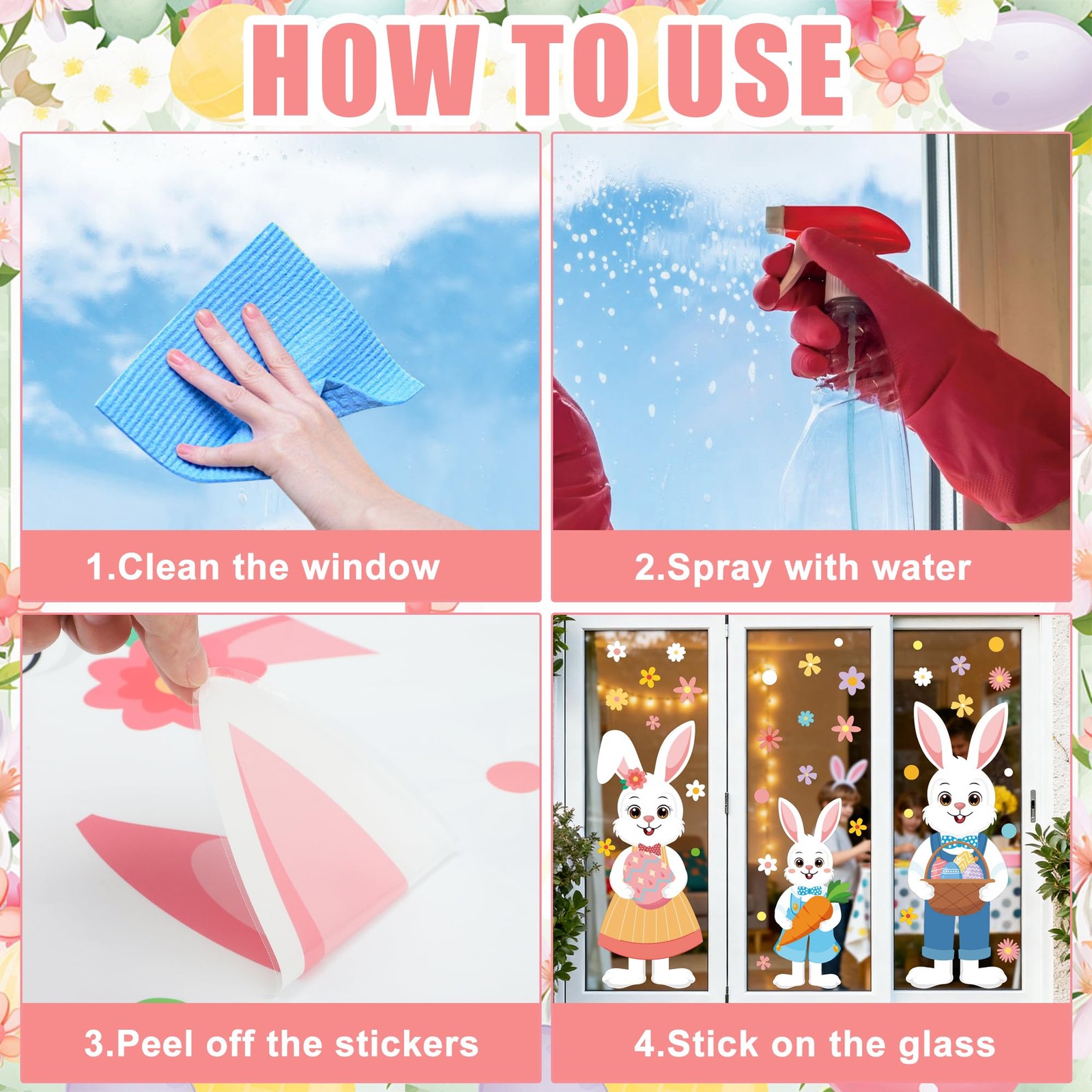 6 Sheet Extra Large Easter Window Clings Double-Sided Cartoon Bunny Rabbit Famil