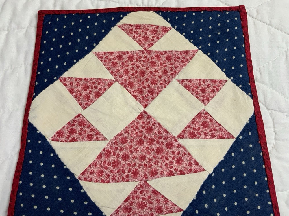 Antique Vintage Patchwork Quilt Table Topper, Four Patch W/ Triangles, Pink Navy