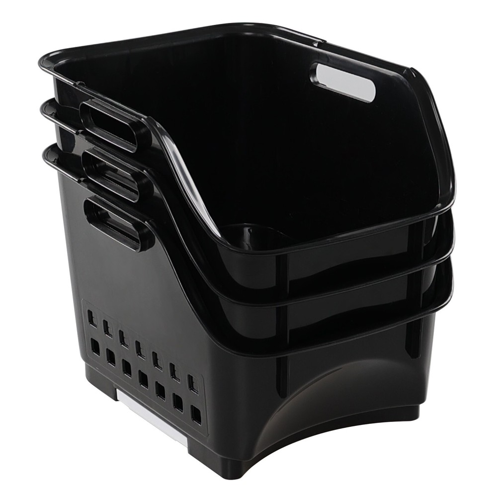 Cand 3-Pack Black Plastic Stacking Organizer Basket, Plastic Stackable Basket