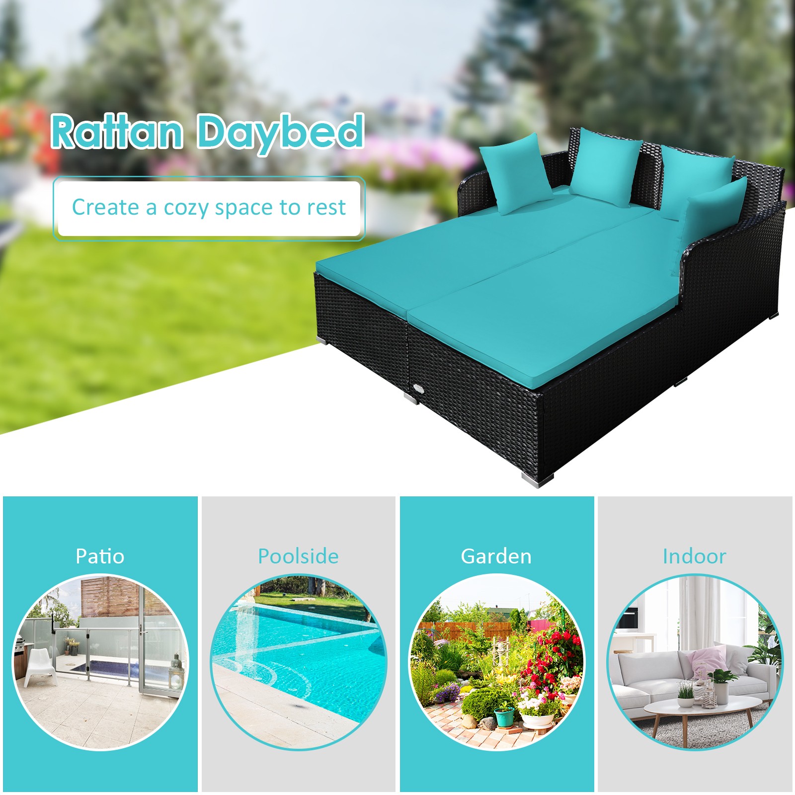 Patiojoy Outdoor Patio Rattan Daybed Pillows Cushioned Sofa Furniture Turquoise