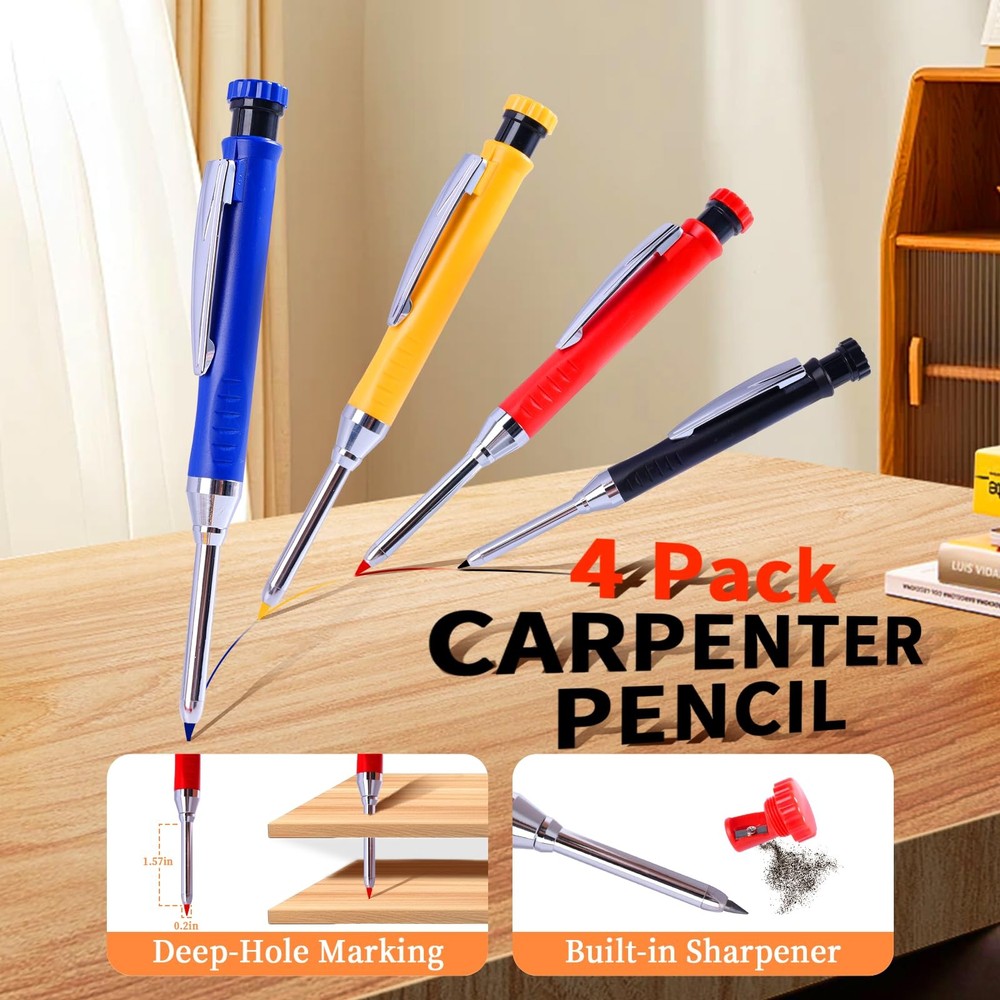4 Pack Carpenter Pencil with Sharpener Mechanical Pencils Set with 28 Refills...