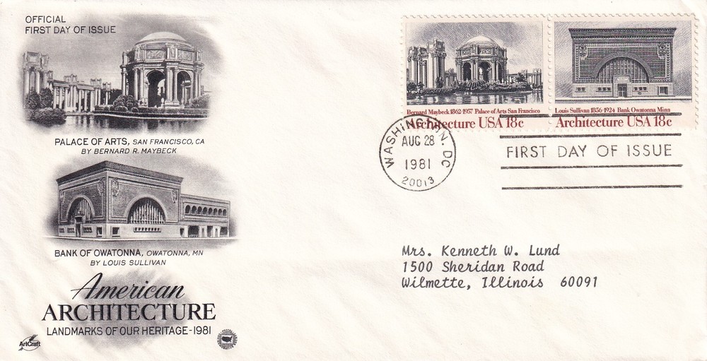 STAMP US SCOTT 1930, 1931 American Architecture. 1981 18 CENT FDC - E