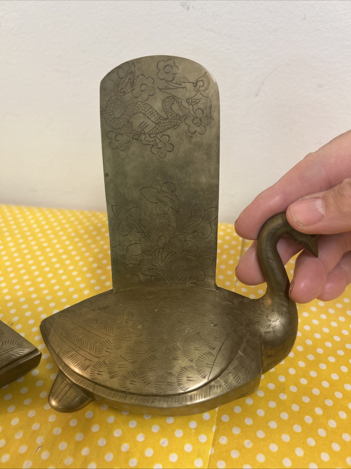 Pair Of Vintage Brass Swan Bookends Chinese Dragon Lotus Flower Carvings Heavy