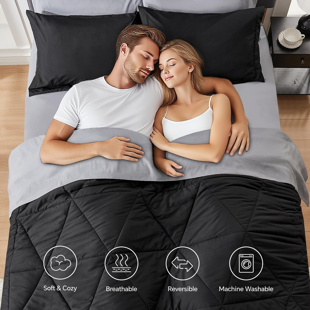 Queen 7 Piece Bedding Set, Soft Reversible Comforter, Microfiber, Black