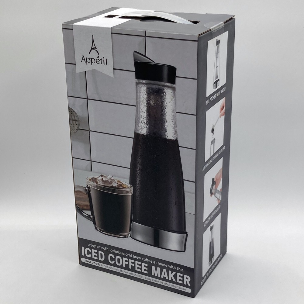 Appetit Cold Brew Iced Coffee Maker 4 Cup Pitcher, Mesh Filter, Lid, & Smartbase