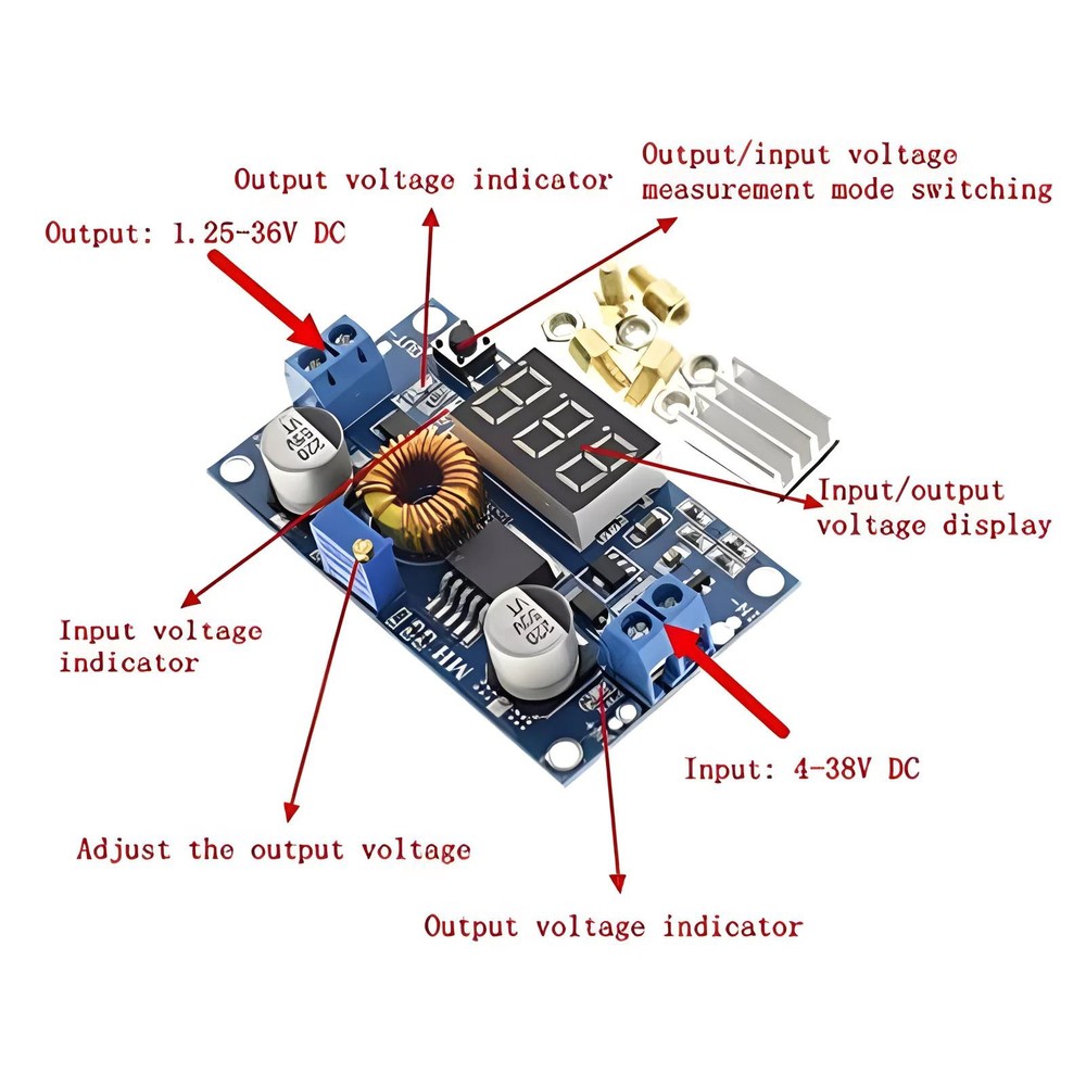 High Power Voltmeter Heatsink Standoffs DC-DC Step Down 5A Adjustable