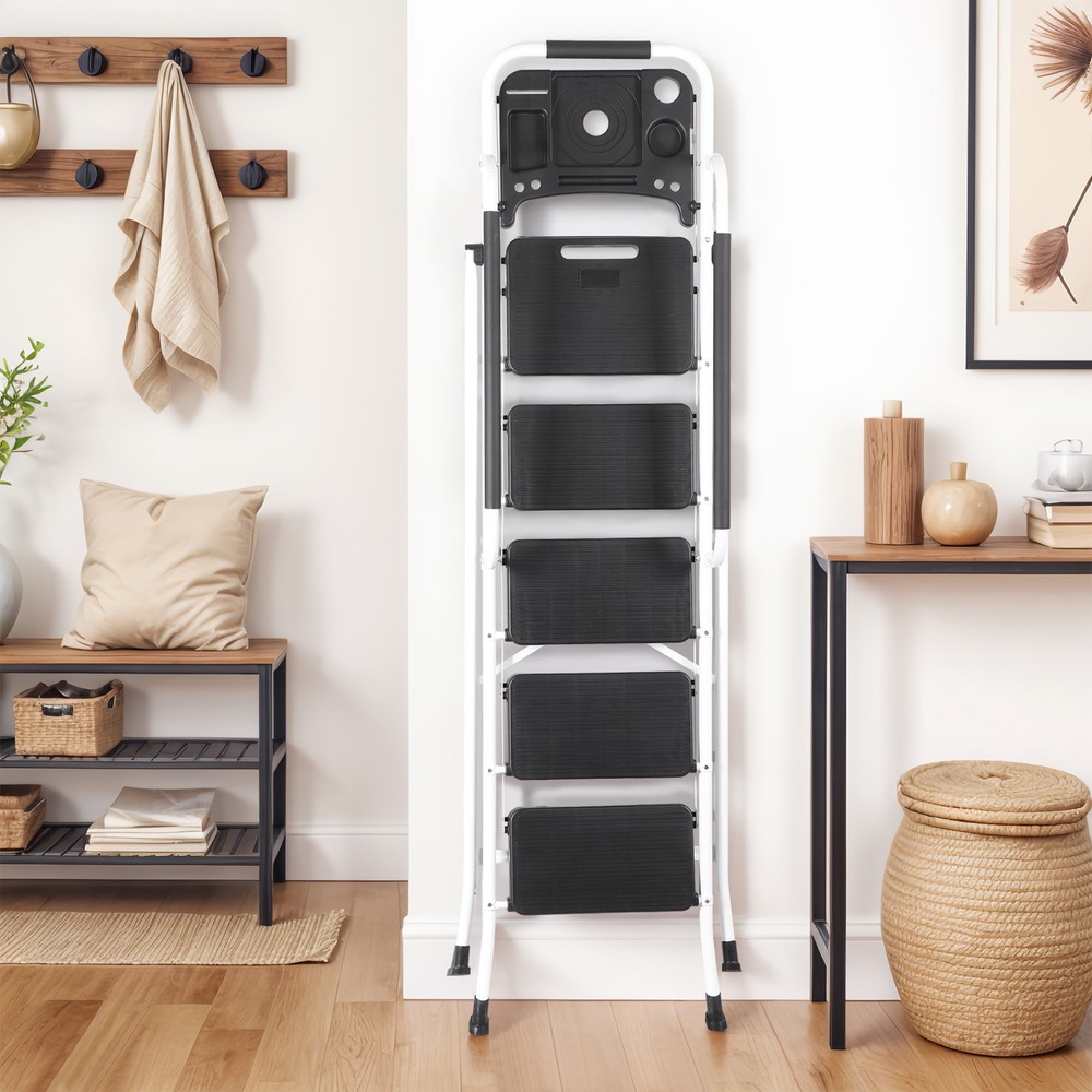 Folding 5 Step Ladder Sturdy Step Stool w/ Multi-Functional Tool Tray Household