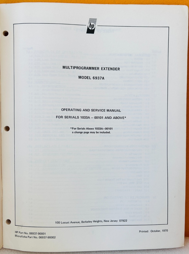 HP 06937-90001 Model 6937A Multiprogramming Extender Operating & Service Manual.