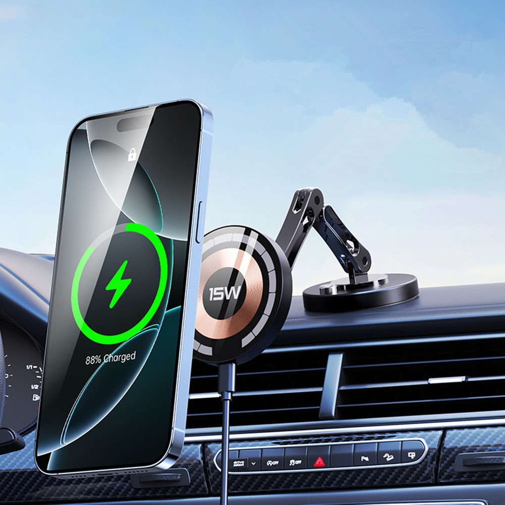 Magnetic Car Phone Mount with 15W Wireless Charging for iPhone Android Devices