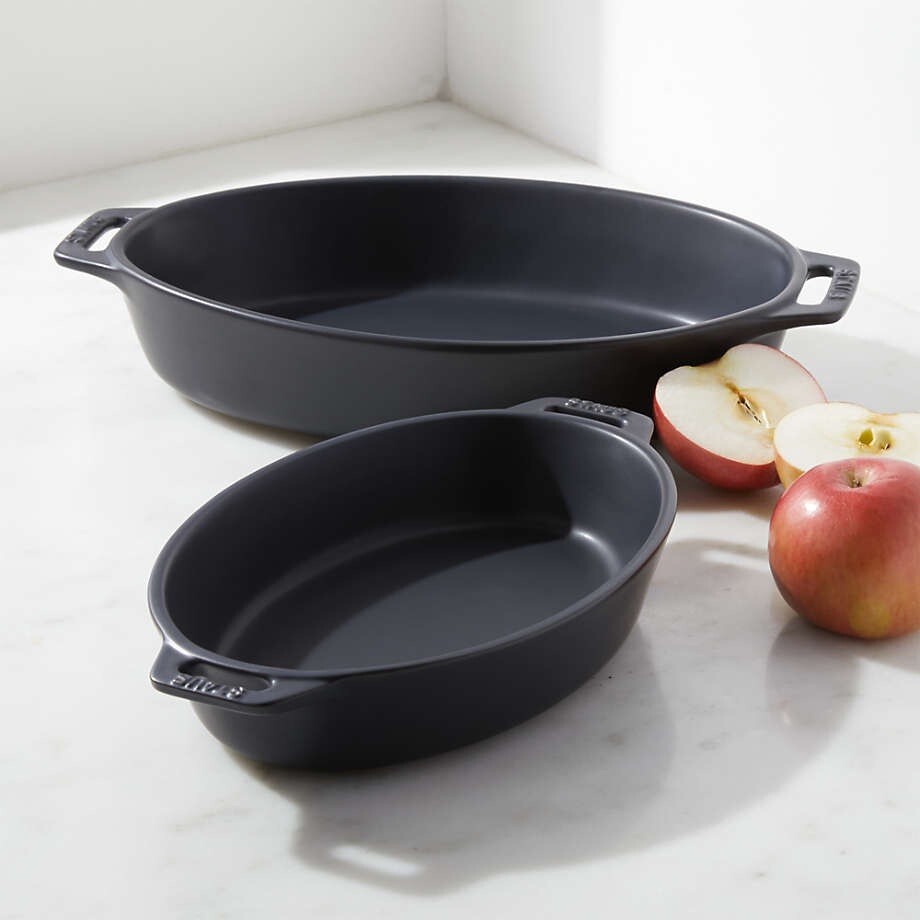 Staub Ceramic Oval 2-pc Nesting Baking Dish Set Gratin Casserole; Black Matte