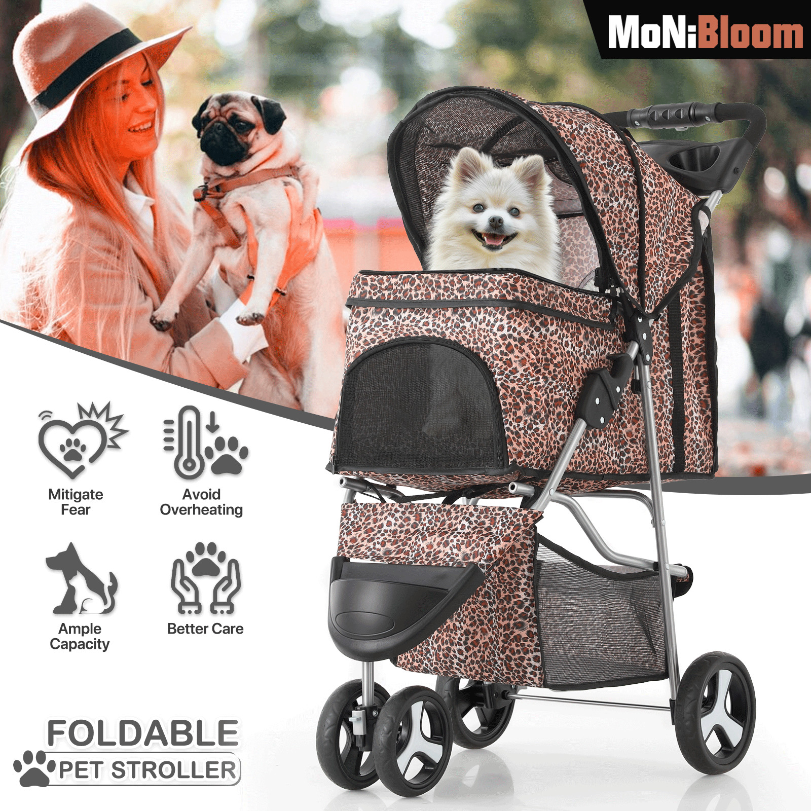 Portable Pet Dog Stroller Foldable 3 Wheels Puppy Travel Carrier Cart+Cup Holder