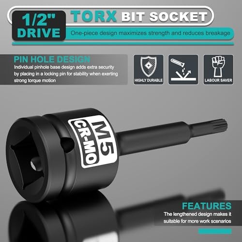 1/2" Drive M5 XZN Bit Socket, Triple Square Spline Bit Socket, CR 1/2" M5 Deep