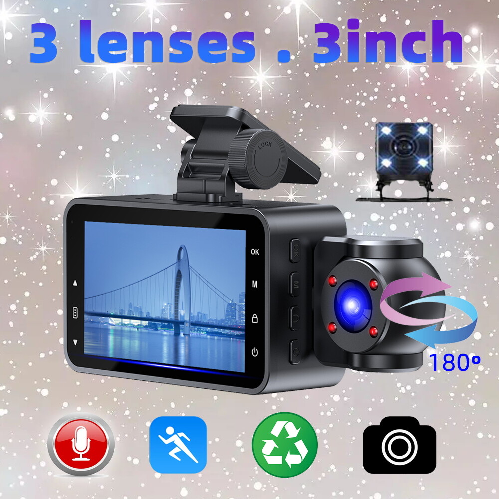 170° Car Dash Camera Three Lens Front/Rear/Inside View Motion Detection G-senor