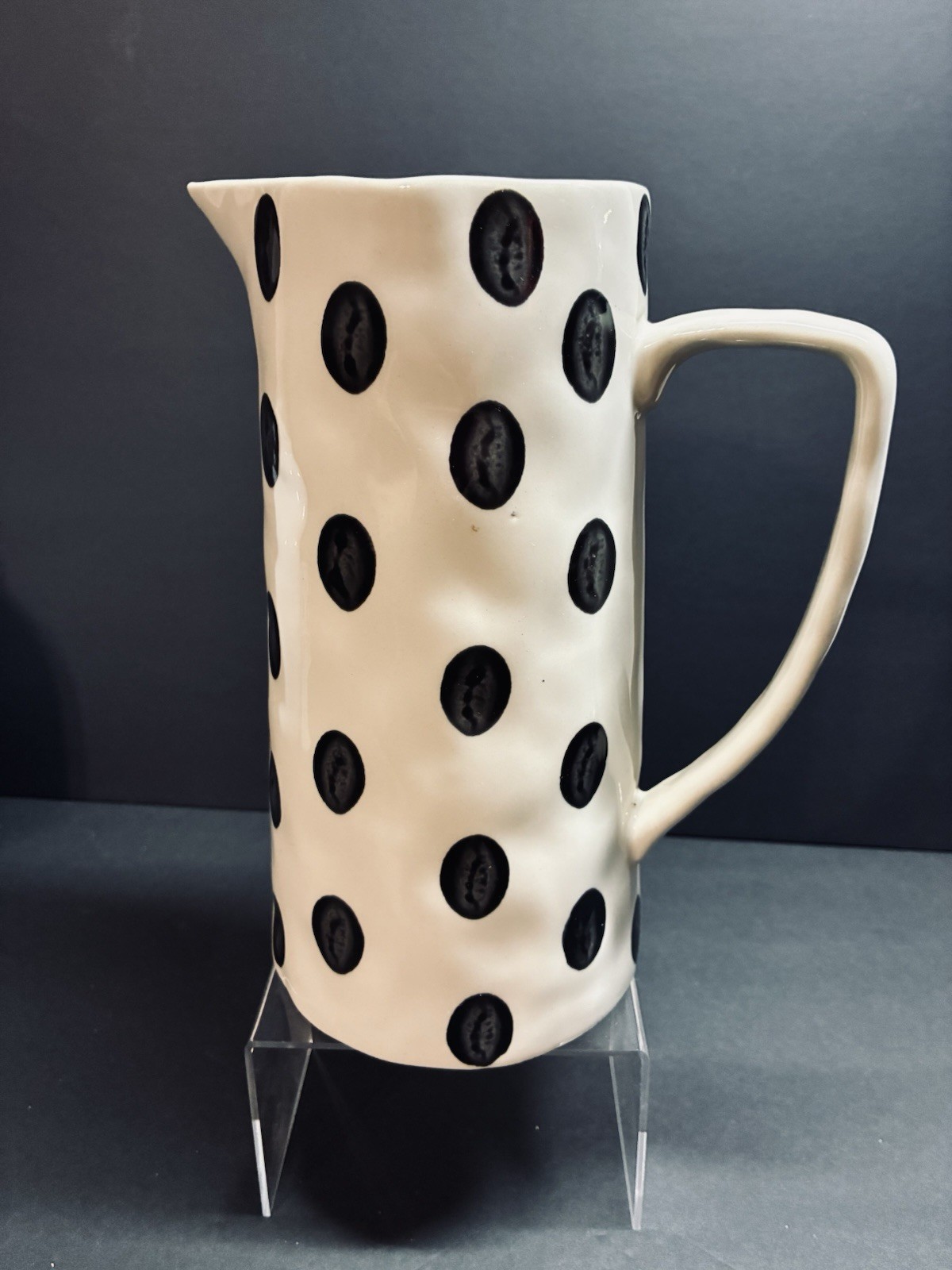 Creative Co-Op Polka Dot Ceramic Pitcher 2 Qt | Cream | Black Dots Kitchen Decor