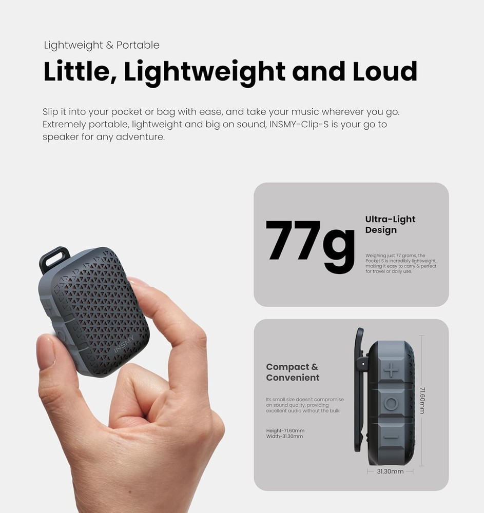 Waterproof Bluetooth Clip-On Speaker Wireless Stereo Mic Light Compact Black