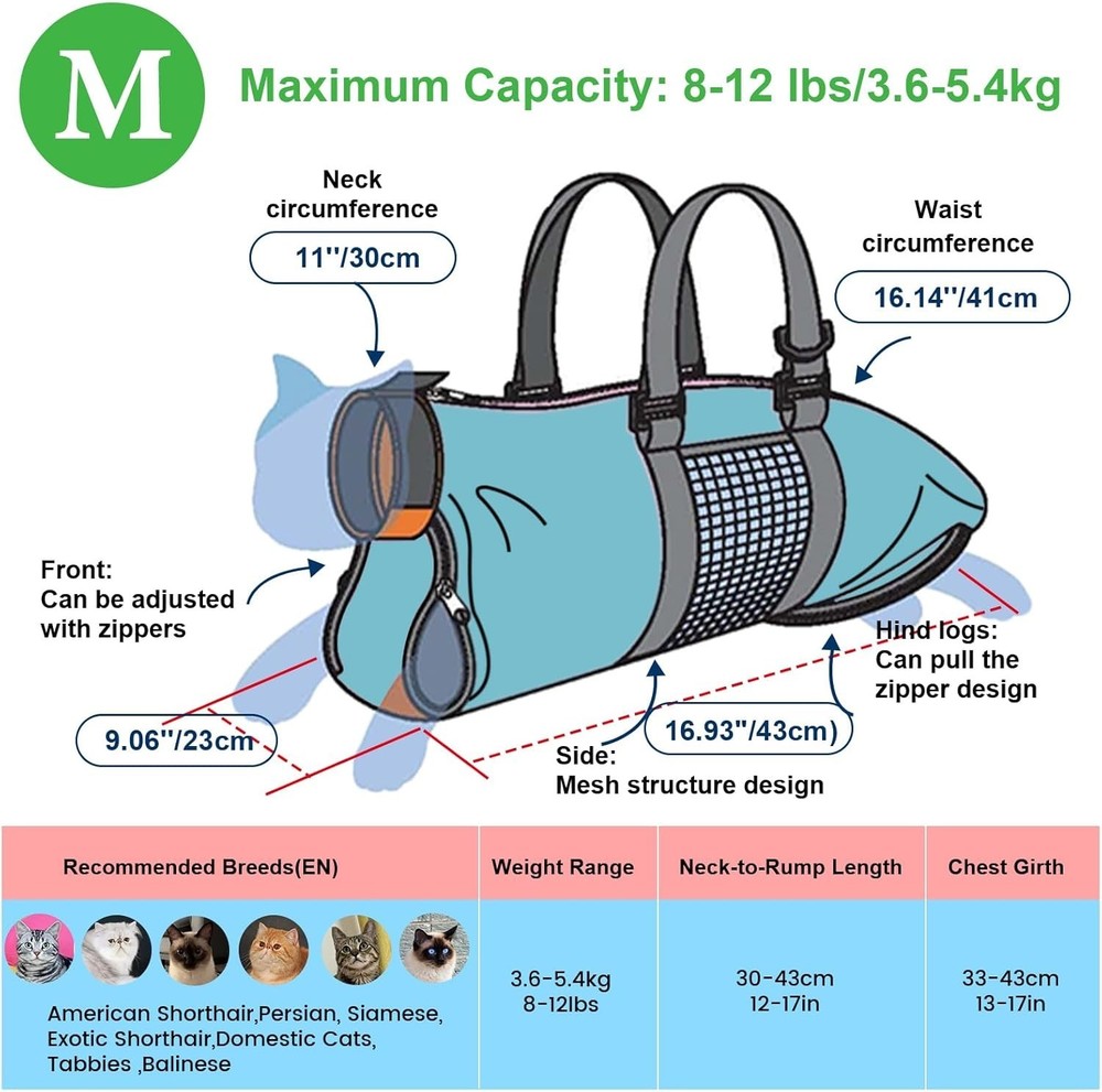 Durable Cat Grooming Bag M-Blue, Includes Muzzle, No Scratch, Bite Prevention