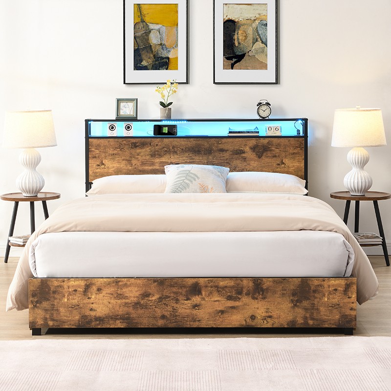 Queen Size Bed Frame w/ Storage Headboard &Charging Station &LED Light