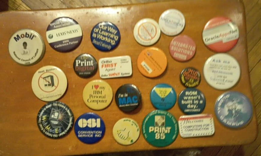Vintage Early Computer Buttons Pins, Computer Tech Shows Lot
