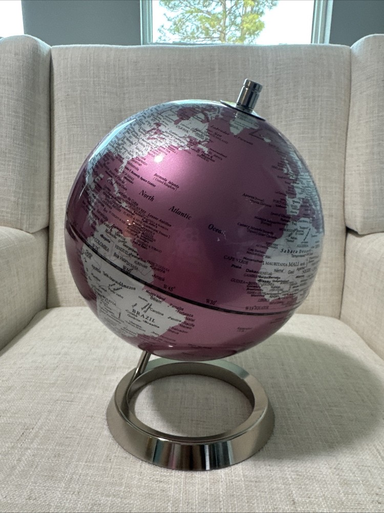 PINK OCEAN GLOBE Silver stand. Made In Taiwan.