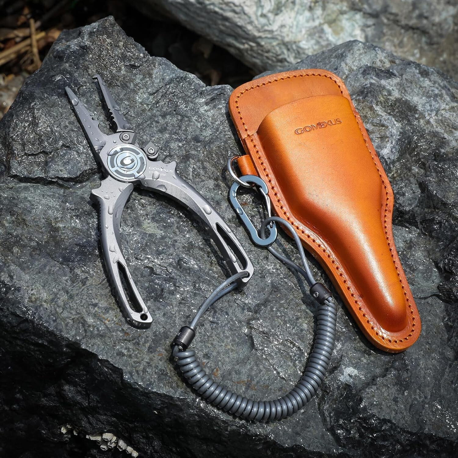 Gomexus Never Rust Titanium Fishing Plier 7'' Leather Sheath lanyard Split Ring