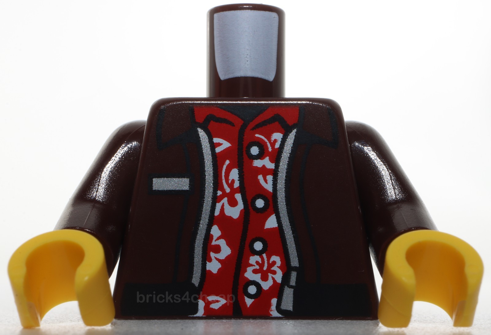 Lego Torso Jacket Open Black Hem Silver Zipper over Red Hawaiian Shirt Flowers