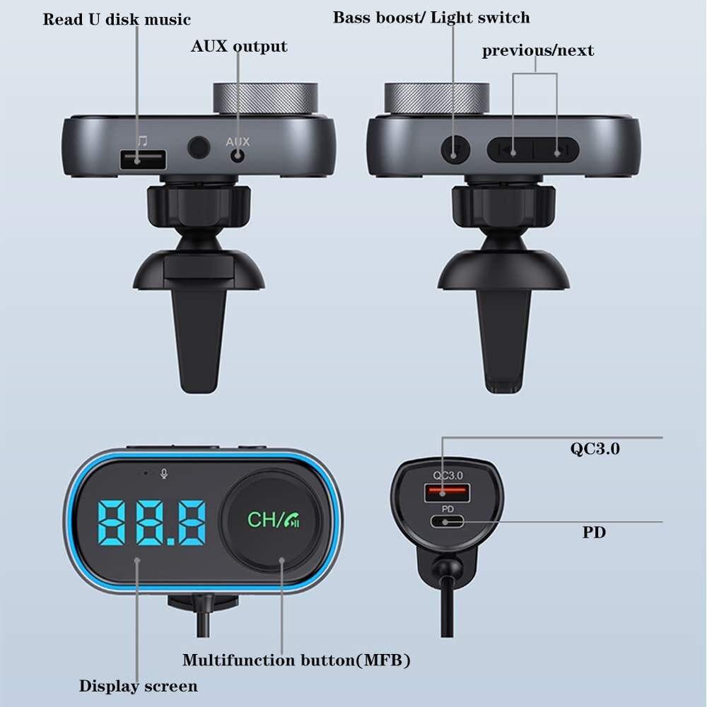 Bluetooth Car FM Transmitter Micro SD LED AUX Radio QC PD USB Adapter MP3 Player