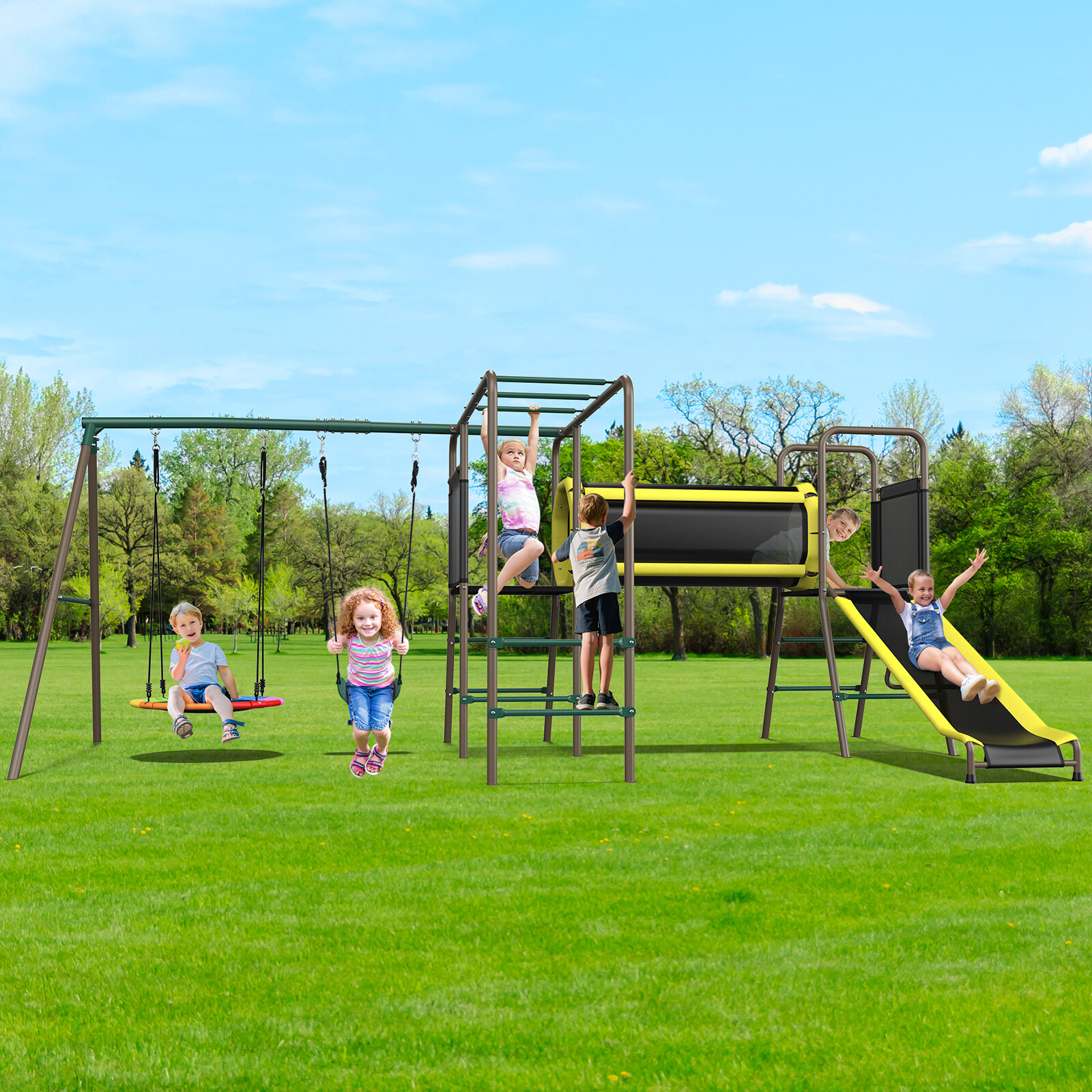 660lbs Playground Metal Swing Set Heavy Duty with Slide Outdoor Play for Kids