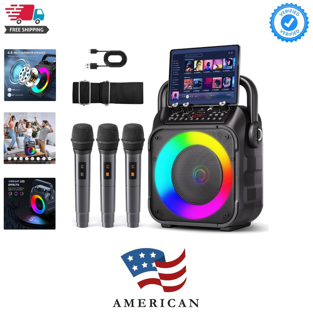Karaoke Machine, Portable Bluetooth Speaker with 3 Wireless Microphones for A...