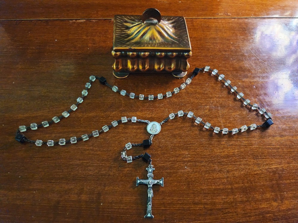 Antique Swift & Fisher Sterling Silver White Enamel Rosary & Vtg Art Nouveau Box