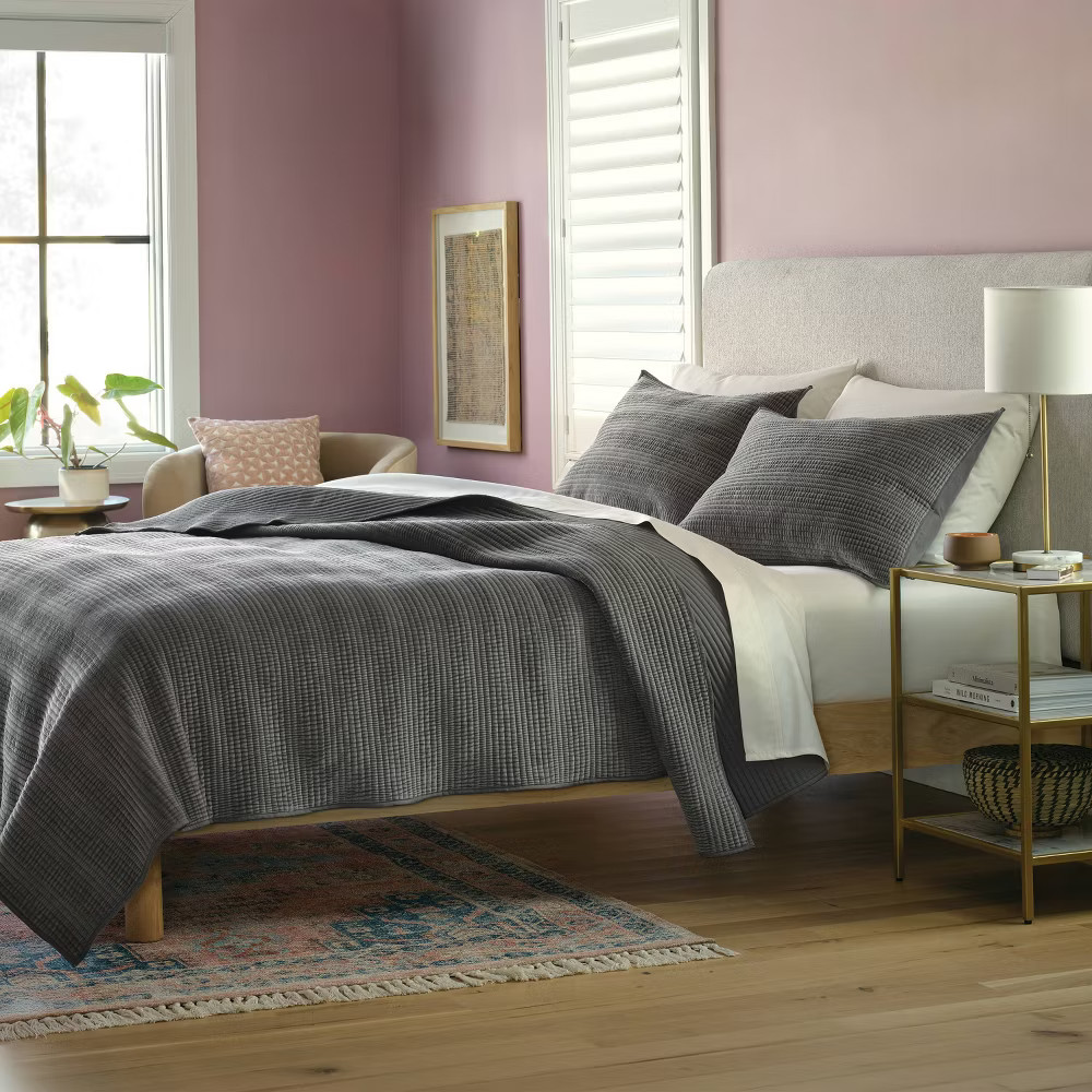 King Ruched Velvet Quilt Gray - Threshold