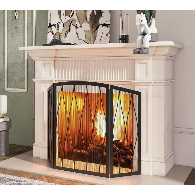 Childproof Fireplace Screen 3- Panel Modern Handcrafted Wrought Iron Foldable