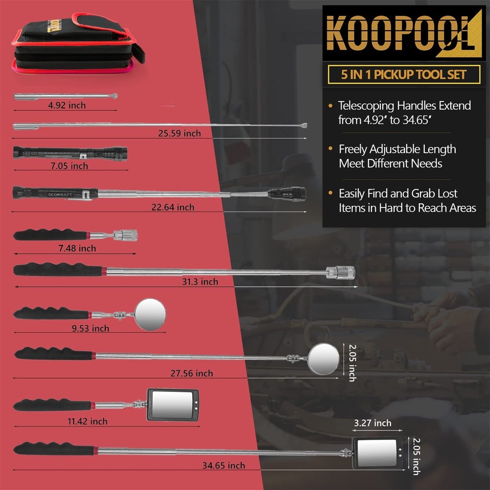 Telescoping Magnetic Pickup Tool Set, Inspection Mirror, LED Flashlight