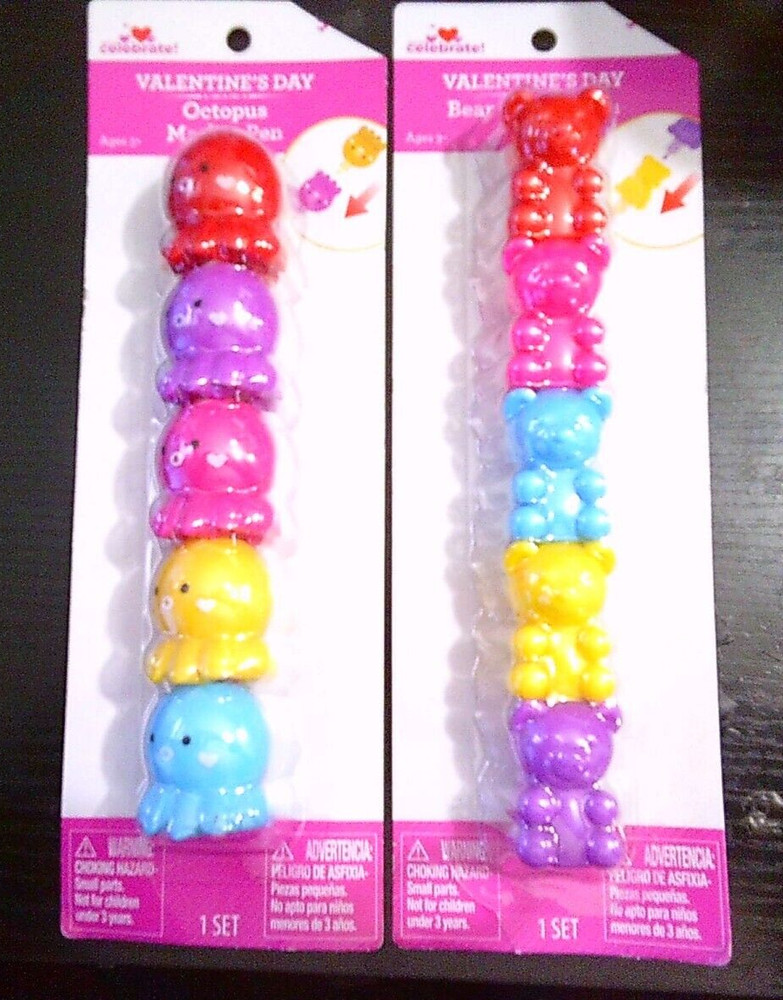 2 NEW packs valentines day stackable markers Octopus & Teddy bears
