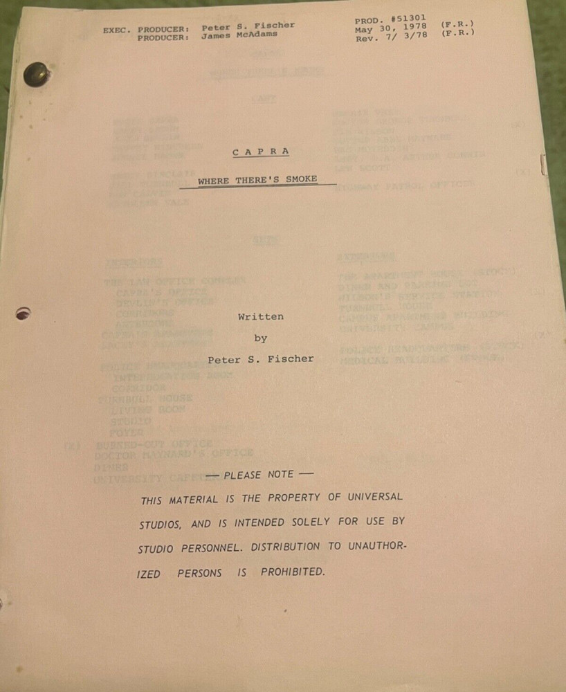 T.V. Script Capra "Where There's Smoke" TV Script 1978 Original
